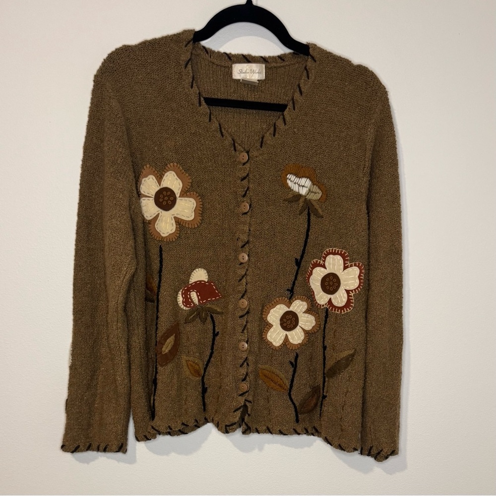 Vintage Studio Works Floral Appliqué Cardigan Whipstitch Boho Cottagecore M